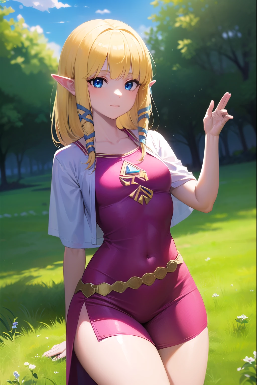 princesa zelda, zelda cieloward sword, pelo rubio, blue eyes, pelo largo, orejas puntiagudas, cerraduras laterales, duende, golpes, blunt golpes, cintas, hair cintas, sonrisa,
ROMPER belt, capa, vestido, mangas largas, (pink vestido:1.2), (white capa:1.2),
ROMPER outdoors, naturaleza, bosque, trees, grass, sol, cielo, nubes,
ROMPER looking at viewer,
ROMPER (Obra maestra:1.2), mejor calidad, high resolution, fondo de pantalla de unidad 8k, (illustration:0.8), (hermosos ojos detallados:1.6), cara extremadamente detallada, Perfect lighting, CG extremadamente detallado, (manos perfectas, perfect anatomy), escote profundo, pechos grandes, NSFW