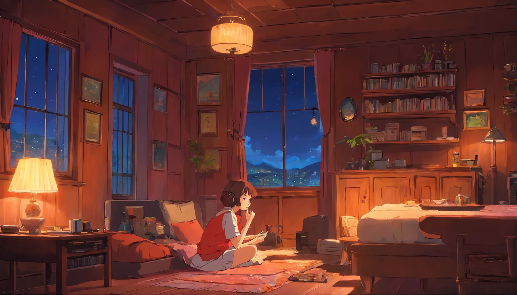 Girl listening to music in a cozy room at night, Usando fones de ouvido, Anime estilo 2D, Lo-fi, disco Rigido, Ambiente escuro