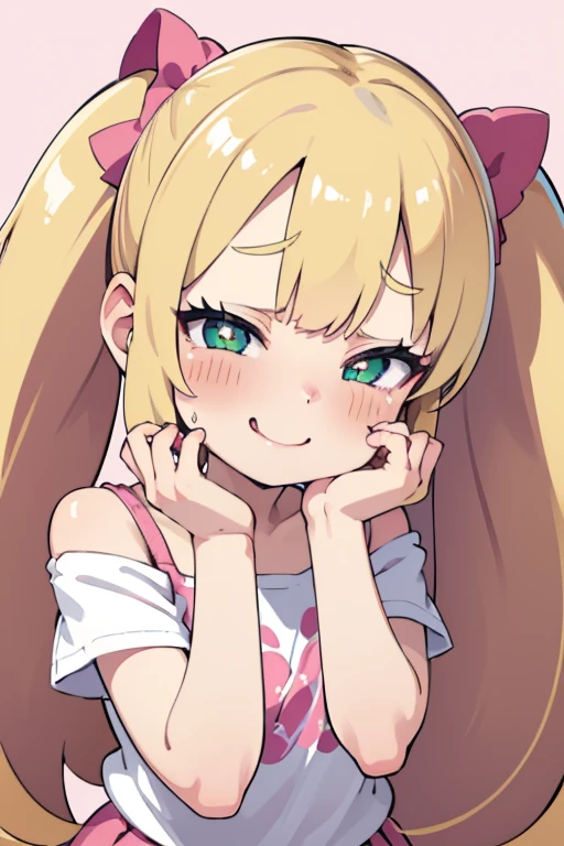 1 girl, heart-shaped pupils, put your hand on your face, (blond hair), (green eyes), (blush:1.1), Upper body, trembling, Sweat, Sweatdrop, heart, (speed line:1.1), ((Flat milk)), ((heavy breathing:1.3)), like, heart, bratty, mesugaki expresion, teasing pose, brat, lolita, Happy, smile,Yandere, long hair, (twintails), ((LOLI)), (pink bows on hair), (plain shirt, white Shirt, shoulder cutout, Short sleeve, See-through sleeves), pink Skirt, white thighs,