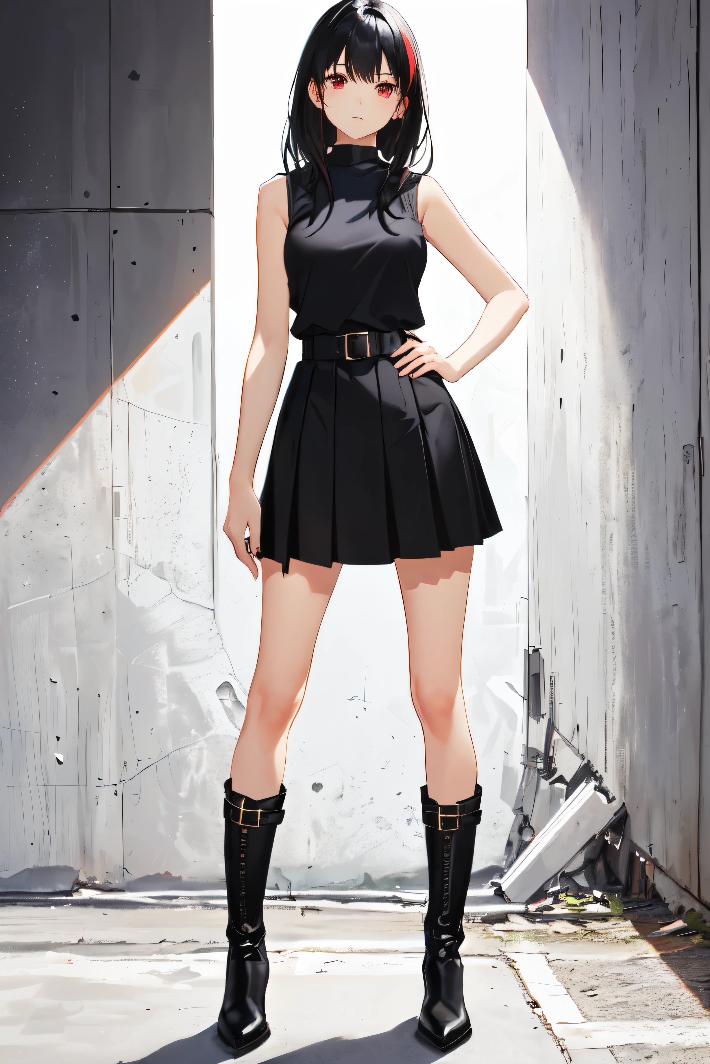 Standing posture, boots, Girl in sleeveless shirt standing confidently, Black Hair, Medium Hair, Black Skirt, Red eyes, whole body, Tight fit