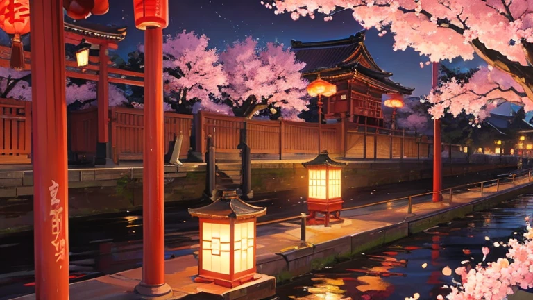 Anime images of Japan、 Tokyo cityscape、 Asakusa、 night view、 cherry blossoms、 Size is 16:9 please