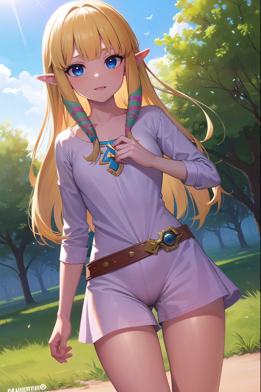 princesa zelda, zelda cieloward sword, pelo rubio, blue eyes, pelo largo, orejas puntiagudas, cerraduras laterales, duende, golpes, blunt golpes, cintas, hair cintas, sonrisa,
ROMPER belt, capa, vestido, mangas largas, (pink vestido:1.2), (white capa:1.2),
ROMPER outdoors, naturaleza, bosque, trees, grass, sol, cielo, nubes,
ROMPER looking at viewer,
ROMPER (Obra maestra:1.2), mejor calidad, high resolution, fondo de pantalla de unidad 8k, (illustration:0.8), (hermosos ojos detallados:1.6), cara extremadamente detallada, Perfect lighting, CG extremadamente detallado, (manos perfectas, perfect anatomy), escote profundo, pechos grandes, NSFW