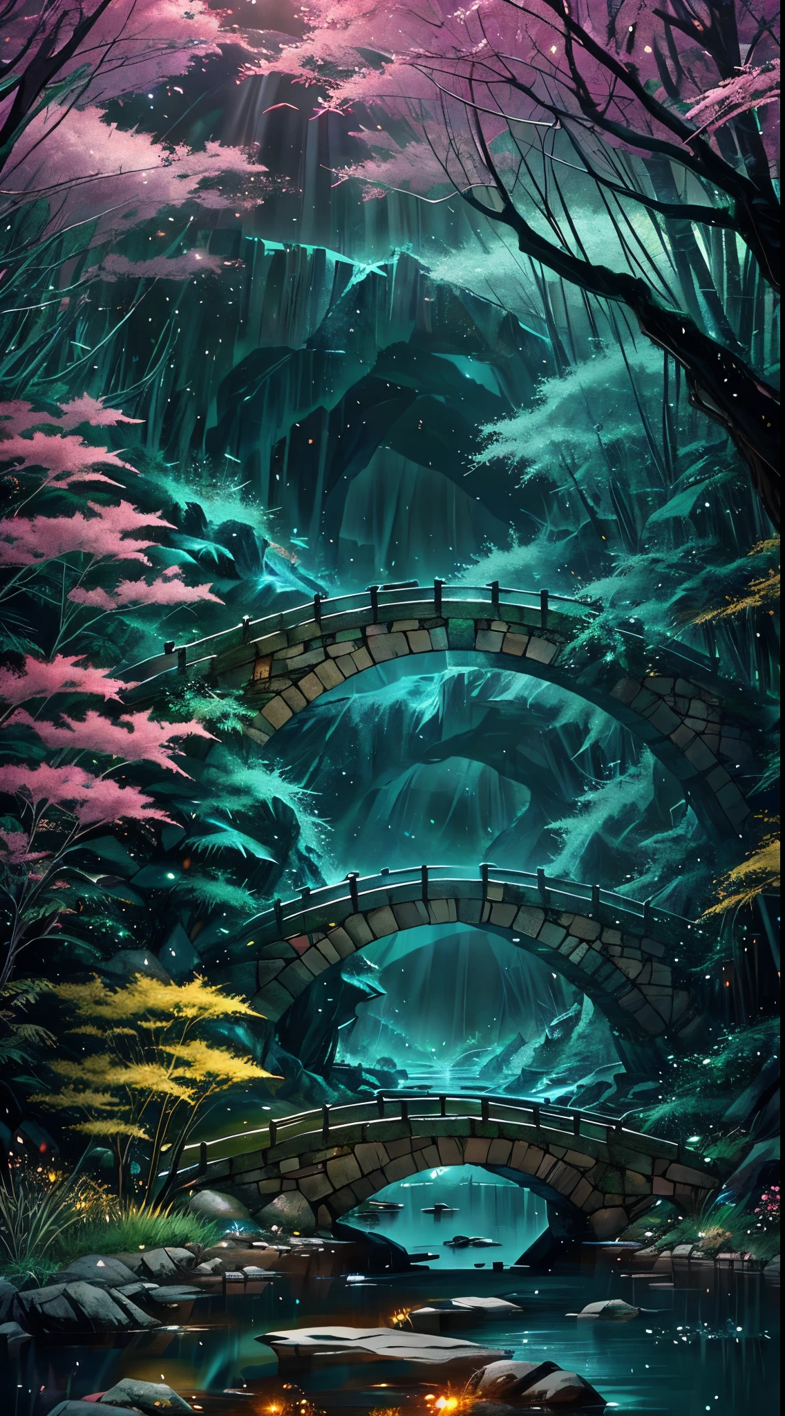 ((Diffuse Color)) Ancient Chinese architecture, Cool colors, Dark Night, moon, garden, bamboo, lake, stone bridge, rockery, arch, corner, wood, water flowing, landscape, Outdoor, waterfall, Grass, rock, Heavy Rain, thunderstorm, 周囲にはブドウのwoodが生い茂っている, giant and wet woods, with glowing leaves in the woods, Glowing fireflies and glowing particle effect, masterpiece, 最high quality, high quality, Very detailed CG unity 8k wallpaper, oil, Award-winning photography, Bokeh, Depth of written boundary, High resolution, bloom, ,Realistic,Very detailed, Trending on Artstation, Trending on CGSociety, Complex, Attention to detail, dramatic, art:Mid Journey, Volumetric lighting