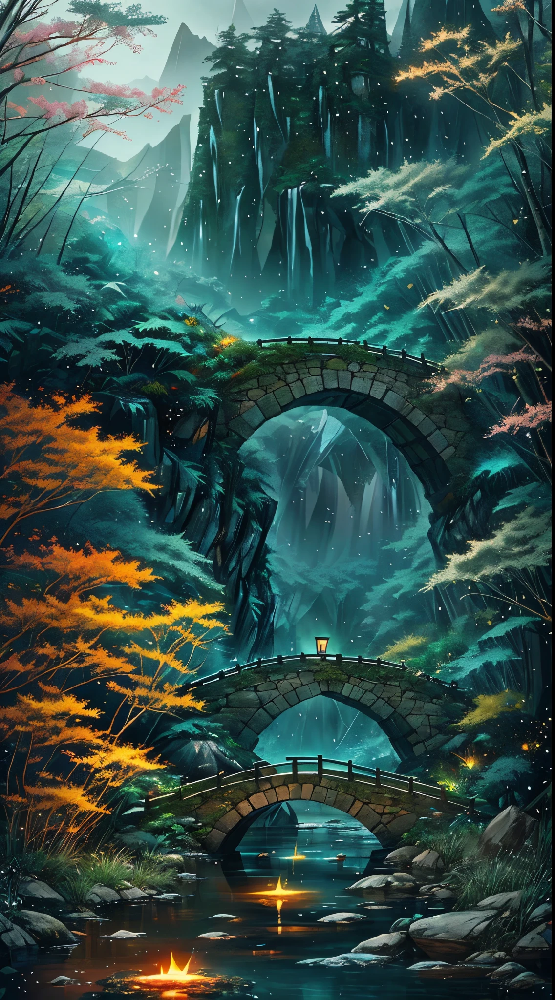 ((Diffuse Color)) Ancient Chinese architecture, Cool colors, Dark Night, moon, garden, bamboo, lake, stone bridge, rockery, arch, corner, wood, water flowing, landscape, Outdoor, waterfall, Grass, rock, Heavy Rain, thunderstorm, 周囲にはブドウのwoodが生い茂っている, giant and wet woods, with glowing leaves in the woods, Glowing fireflies and glowing particle effect, masterpiece, 最high quality, high quality, Very detailed CG unity 8k wallpaper, oil, Award-winning photography, Bokeh, Depth of written boundary, High resolution, bloom, ,Realistic,Very detailed, Trending on Artstation, Trending on CGSociety, Complex, Attention to detail, dramatic, art:Mid Journey, Volumetric lighting