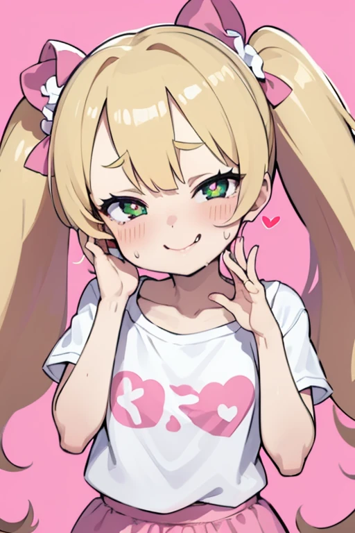 1 girl, heart-shaped pupils, put your hand on your face, (blond hair), (green eyes), (blush:1.1), Upper body, trembling, Sweat, Sweatdrop, heart, (speed line:1.1), ((Flat milk)), ((heavy breathing:1.3)), like, heart, bratty, mesugaki expresion, teasing pose, brat, lolita, Happy, smile,Yandere, long hair, (twintails), ((LOLI)), (pink bows on hair), (plain shirt, white Shirt, shoulder cutout, Short sleeve), pink Skirt, white thighs, simple pink background, smile