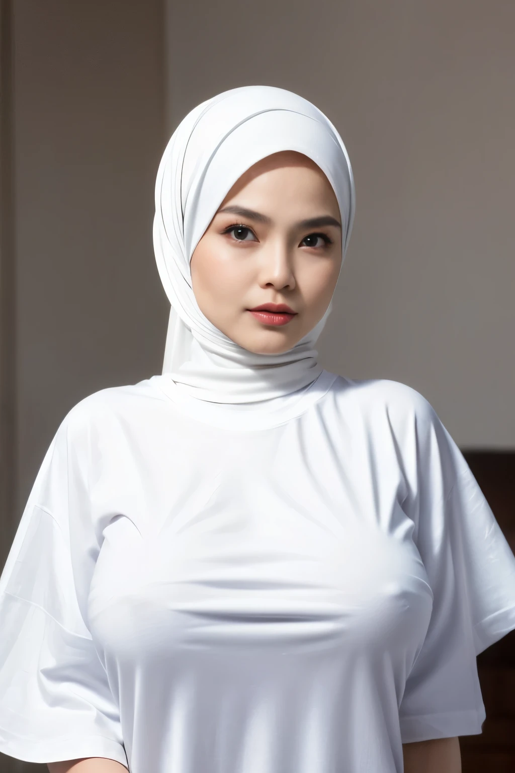 ((SHORT HIJAB)), ((Gigantic tits:1. 3)), (dynamic photograph of a 58 year old Indonesian woman), (slim top, cotton panties), (straight non curly hair), (highly detailed face:1.4), (vascular muscles and abs:1.3), (background inside light, bright, private gym:1.1), (8k, uhd, dslr, high quality, cinematic lighting, bokeh), (dramatic, award winning photography, incredible masterpiece:1.3), (((sexy sultry stare at camera:0.8))), ((she is ready to dominate you:0.5)), ((beautiful feminine face)), add_detail:1, (((wearing huge size t-shirt white without pictures )))