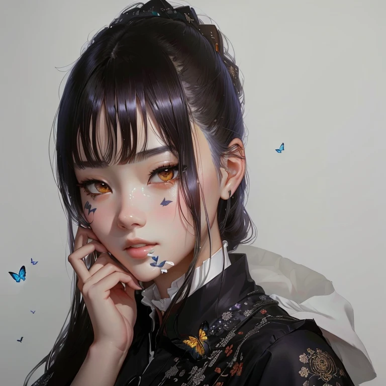 there is a woman,There is a butterfly on the face, Artwork in the style of Guweiz, guweiz, Beautiful anime portrait, Stunning anime face portraits, Detailed portrait of anime girl, Beautiful character painting, Portrait of anime girl, author:Russell Dongjun Lu, Realistic cute girl, Kawaii realistic portrait, guweiz masterpiece, by Zhou Wenjing,White background