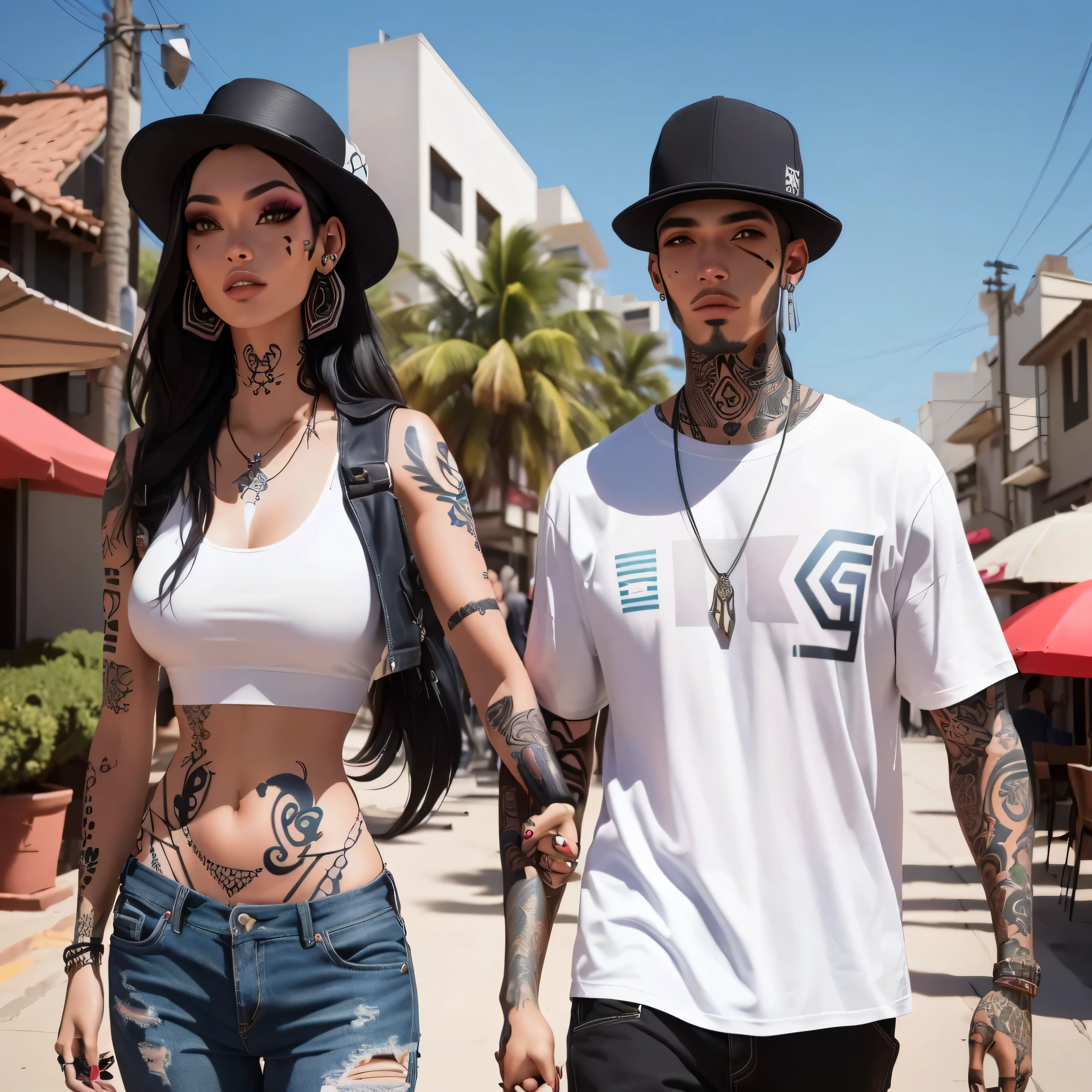 tattooed couple walking down the street holding hands, wearing shipibo tattoos, with tattoos, arian mark, inked, couple, jrpg aztec street fashion, brazil, modeling for dulce and gabanna, twins, street fashion clothing, tatoos, 5 0 0 px models, outlive streetwear collection, tattooed, tattoos, luts, nick silva