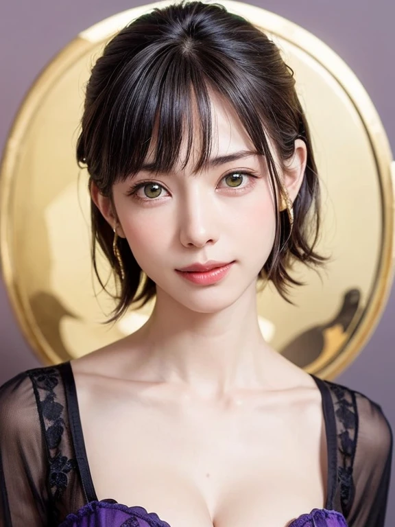 (Masterpiece, highest quality),1 girl, alone,Beautiful and cute beauty, Very realistic, Realistic, Watch your audience closely, Light brown eyes, Highly detailed shiny brunette short bob hair:1.8、Bob Hair:1.8、Beautiful white skin, Spring Clothes, lips, Beautiful Bangs:1.5, Mouth closed, Upper Body、Big eyes、eyelash、((Beautiful face in symmetry、Beautiful face with golden ratio、Very simple green color background:1.8))、(((Short hair with cute bangs:1.8、Big eyes、big and full chest、Looking at the audience、Ideal beauty、Show me your ears、beautiful long neck、smile、please close your mouth and smile)))、Ideal body type、{Huge|big|Huge|Mega} chest:2, Chest cleavage:2、Mouth closed幸せなsmile、