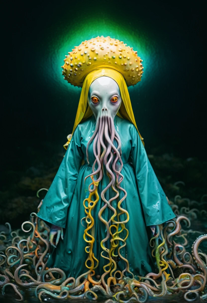 8K, ARTISTIC photogrAphy, best quAlity, mAsterpiece: 1.2), A (potrAit:1.2) witch BLOOD Toon Doll Cthulhu nun QUEEN, EYES, CYAN many octopus style tentacles, full body RAW candid cinema, yellow hair, 16mm, color graded portra 400 film, remarkable color, ultra realistic, sad admosphere, dark lighting, oppressive atmosphere, depressive colors, kodak portra 400, photograph,r, Natural Light, Pinhead lighgts, blur reflection, Brush Strokes, Smooth, abstract, Splatter, Oil On Canvas, rainbow colors, fractal isometrics details bioluminescens : a stunning realistic photograph of wet bone structure, 3d render, octane render, intricately detailed, titanium decorative headdress, cinematic, trending on artstation | Isometric | Centered