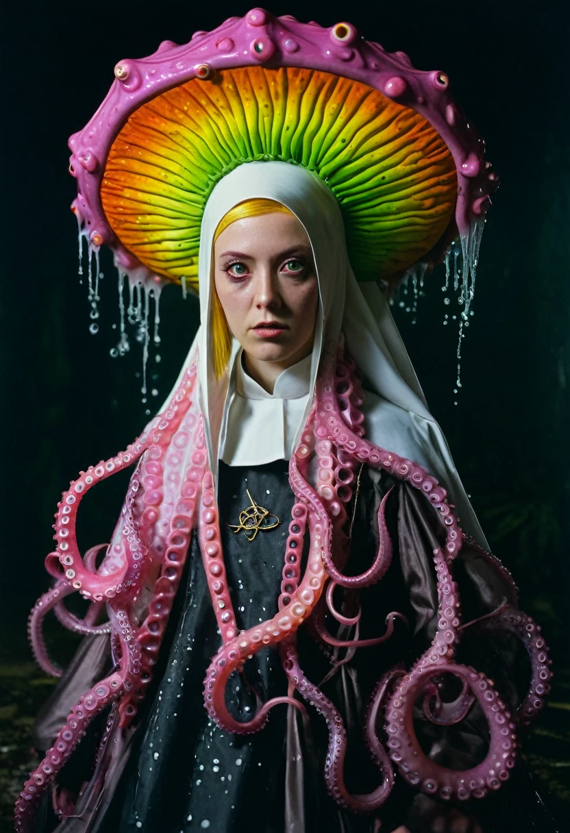 8K, ARTISTIC photogrAphy, best quAlity, mAsterpiece: 1.2), A (potrAit:1.2) witch BLOOD Toon Doll Cthulhu nun QUEEN, EYES, PINK many octopus style tentacles, full body RAW candid cinema, yellow hair, 16mm, color graded portra 400 film, remarkable color, ultra realistic, sad admosphere, dark lighting, oppressive atmosphere, depressive colors, kodak portra 400, photograph,r, Natural Light, Pinhead lighgts, blur reflection, Brush Strokes, Smooth, abstract, Splatter, Oil On Canvas, rainbow colors, fractal isometrics details bioluminescens : a stunning realistic photograph of wet bone structure, 3d render, octane render, intricately detailed, titanium decorative headdress, cinematic, trending on artstation | Isometric | Centered