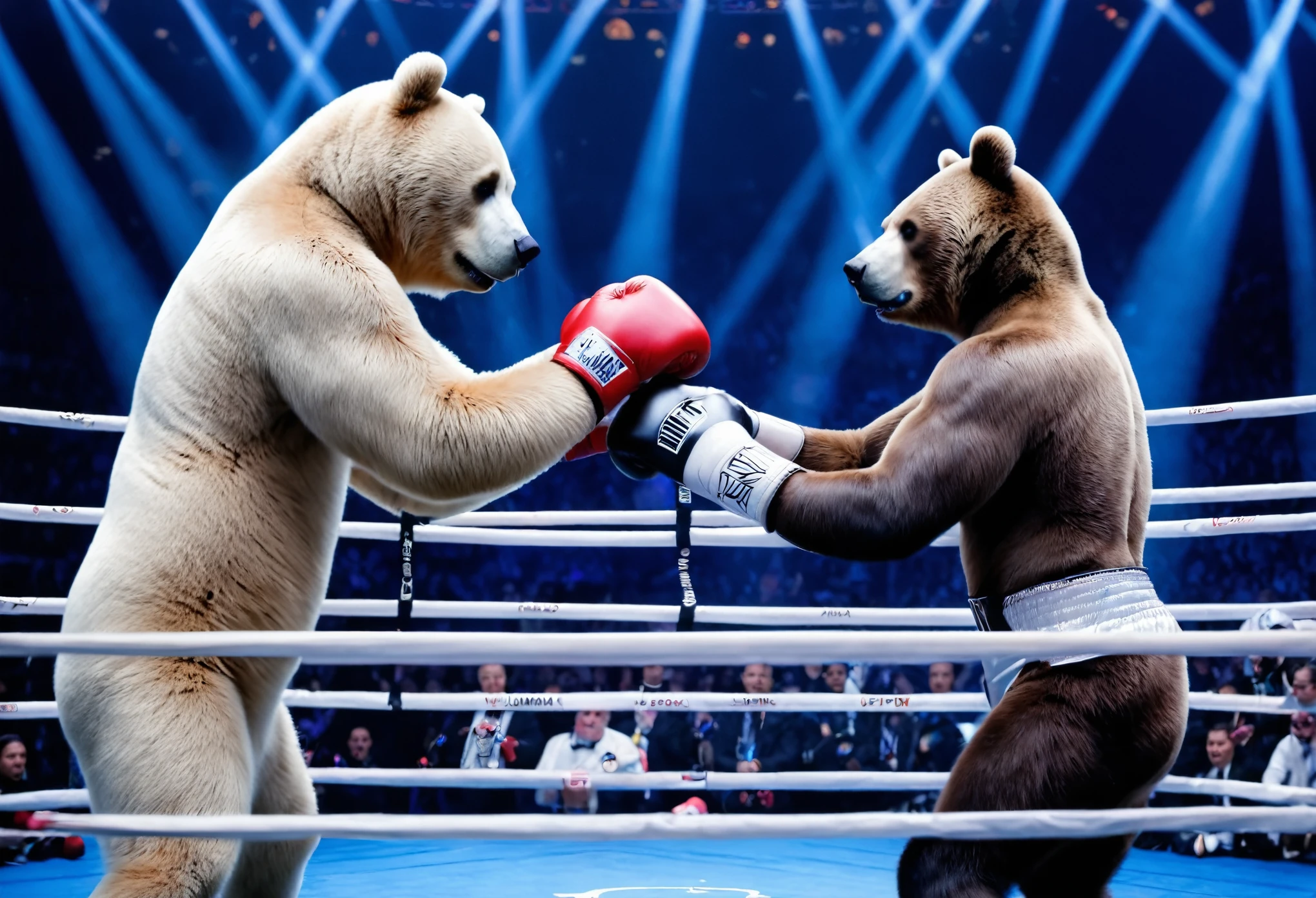 Panda and bear having a boxing match，humanimal，Anatomically correct，Magic lights，Grand Boxing Ring，close-up:2