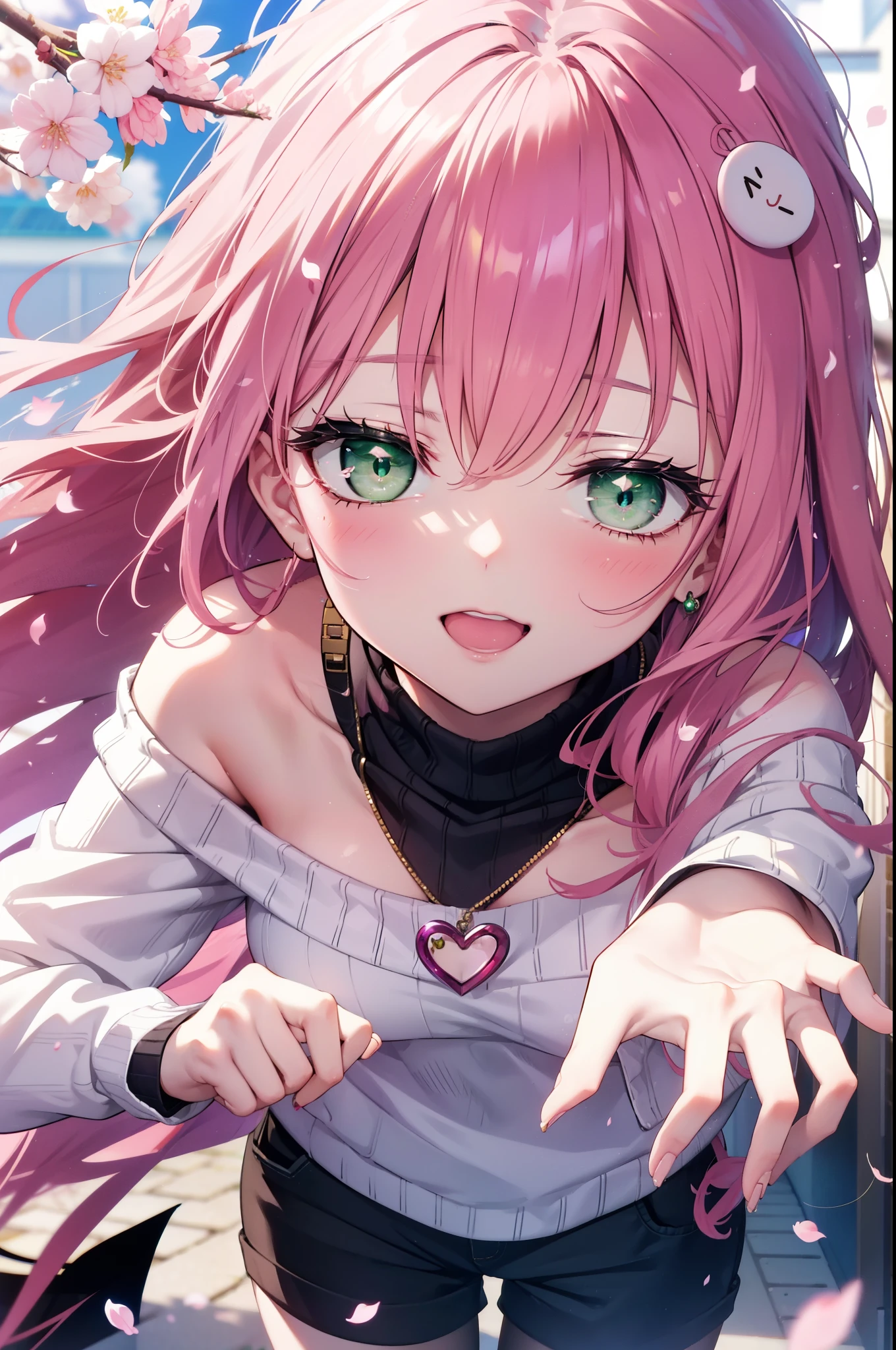 Lara Deviluke, Lara Deviluke, Long Hair, Pink Hair, tail, Ahoge, bangs, hair ornaments, (Green Eyes:1.5), happy smile, smile, Open your mouth,demon tail,Off-the-shoulder sweater,Exposing shoulders,bare clavicle,Bare neck,Heart Pendant,Shorts,Black Pantyhose,short boots,Cherry blossoms are blooming,Cherry blossoms are scattered,Cherry blossom tree-lined path,Daytime,Clear skies,
break outdoors, city,ビル街
break looking at viewer, (Cowboy Shot:1. 5)
break (masterpiece:1.2), highest quality, High resolution, unity 8k w全てpaper, (shape:0.8), (beautiful detailed eyes:1.6), extremely detailed face, Perfect lighting, extremely detailed CG, (Perfect hands, Perfect Anatomy),