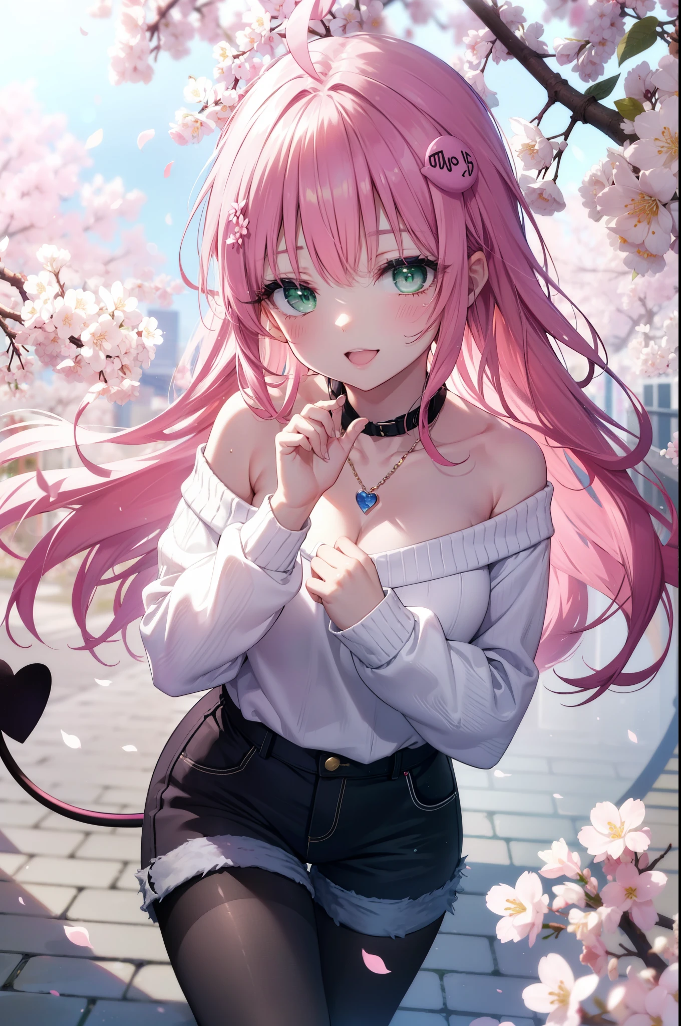 Lara Deviluke, Lara Deviluke, Long Hair, Pink Hair, tail, Ahoge, bangs, hair ornaments, (Green Eyes:1.5), happy smile, smile, Open your mouth,demon tail,Off-the-shoulder sweater,Exposing shoulders,bare clavicle,Bare neck,Heart Pendant,Shorts,Black Pantyhose,short boots,Cherry blossoms are blooming,Cherry blossoms are scattered,Cherry blossom tree-lined path,Daytime,Clear skies,
break outdoors, city,ビル街
break looking at viewer, (Cowboy Shot:1. 5)
break (masterpiece:1.2), highest quality, High resolution, unity 8k w全てpaper, (shape:0.8), (beautiful detailed eyes:1.6), extremely detailed face, Perfect lighting, extremely detailed CG, (Perfect hands, Perfect Anatomy),