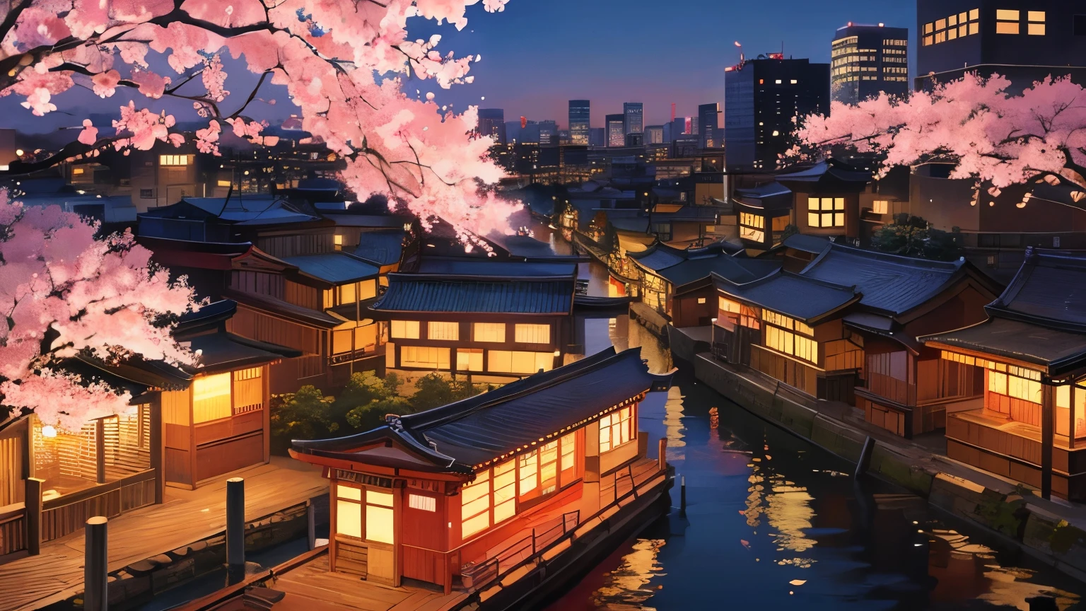 Anime images of Japan、 Tokyo cityscape、 Asakusa、 night view、 cherry blossoms、 Size is 16:9 please