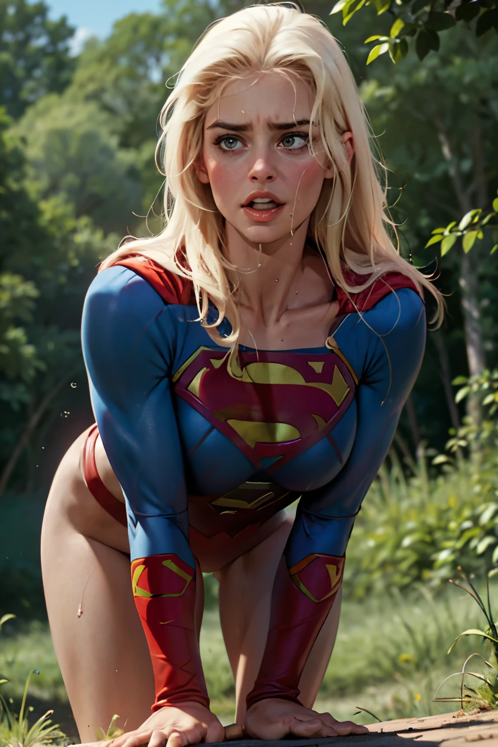 ((highest quality)), ((masterpiece)), (be familiar with), (High definition), (Realistic), (Realistic), (Best Shadow), Low contrast, (Complex:1.4), Side lighting, 8K, ((Helen Slator)), ((SUPER GIRL)), Perfect Face、Detailed、(Accurate hand and finger depiction)、Supergirl Women、Blonde、Voluptuous body、(Large Breasts:1.1)、Narrow waist、Big Ass、Alluring、glamorous, (Crouching), (woman on top), ((Holding his crotch with his hands)), (pissing:1.2), Mouth open、(Hollow Eyes)、Anguished expression、(orgasm:1.1)、Flushing、(sweating)、On the grass、in the deep forest、wood々Surrounded by、blue sky