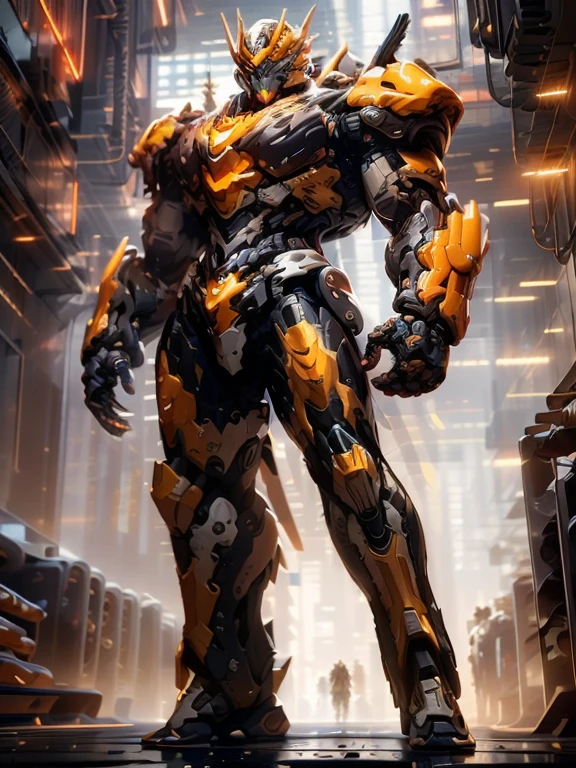((a man)), strong, in cyberpunk-style armor with black and gold color, long-haired, in the futuristic setting, walking towards a cyborg to face him, (ultra detailed CG, 8k), (masterpiece), with an intimidating gaze, (cinematography lighting).