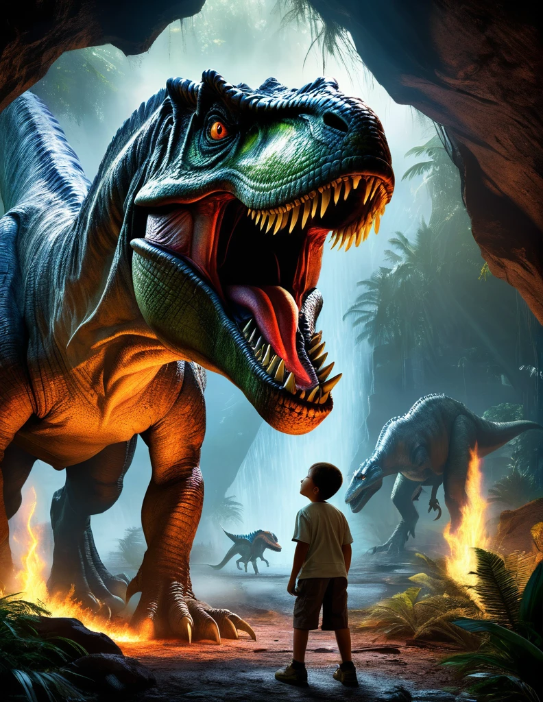 A hyper-realistic, ultra-detailed photograph by Hans Darias AI capturing a powerful connection between a fearsome Tyrannosaurus Rex and a brave young boy. The gigantic dinosaur is depicted as menacing, drooling and agitated, with bright, fiery eyes and sweaty fur, while the boy, despite his fear, remains determined to approach and pet the massive creature. The scene is set under dramatic chiaroscuro lighting, further enhanced by high contrast and intricate details. The background showcases a chaotic prehistoric landscape, with a meteorite crashing into the lush environment, creating a firestorm in the sky. Hans Darias AI's signature is prominently displayed, highlighting his innovative use of artificial intelligence to create this captivating and imaginative vision. The bold neon white sign at the bottom "DON'T WORRY WE ARE SAFE"