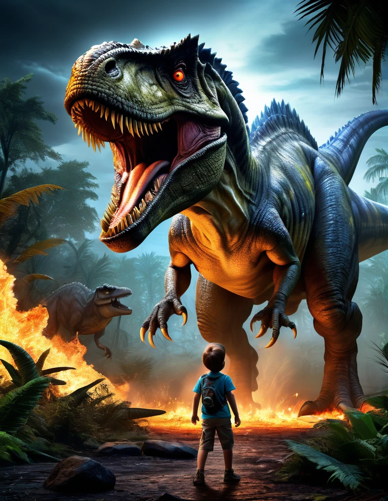 A hyper-realistic, ultra-detailed photograph by Hans Darias AI capturing a powerful connection between a fearsome Tyrannosaurus Rex and a brave young boy. The gigantic dinosaur is depicted as menacing, drooling and agitated, with bright, fiery eyes and sweaty fur, while the boy, despite his fear, remains determined to approach and pet the massive creature. The scene is set under dramatic chiaroscuro lighting, further enhanced by high contrast and intricate details. The background showcases a chaotic prehistoric landscape, with a meteorite crashing into the lush environment, creating a firestorm in the sky. Hans Darias AI's signature is prominently displayed, highlighting his innovative use of artificial intelligence to create this captivating and imaginative vision. The bold neon white sign at the bottom "DON'T WORRY WE ARE SAFE"