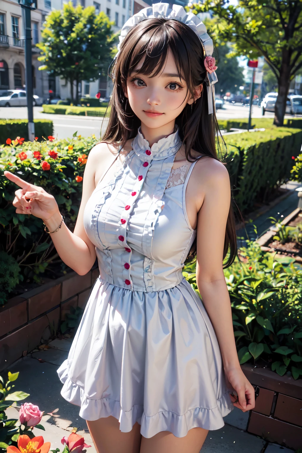 very cute and beautiful girl,(highly detailed beautiful face),(smile:1.2),happy,
black hair,looking at viewer,stylish pose,beautiful legs,cowboy shot,
floral pattern brown lolita dress with detailed frills,
flower garden,stone pathway,distant trees,
(best quality,masterpiece:1.0),absurdres,highres,ultra-detailed,extremely detailed,32k,8k resolution,
intricate details,cinematic scene,detailed background,solo,dynamic angle,