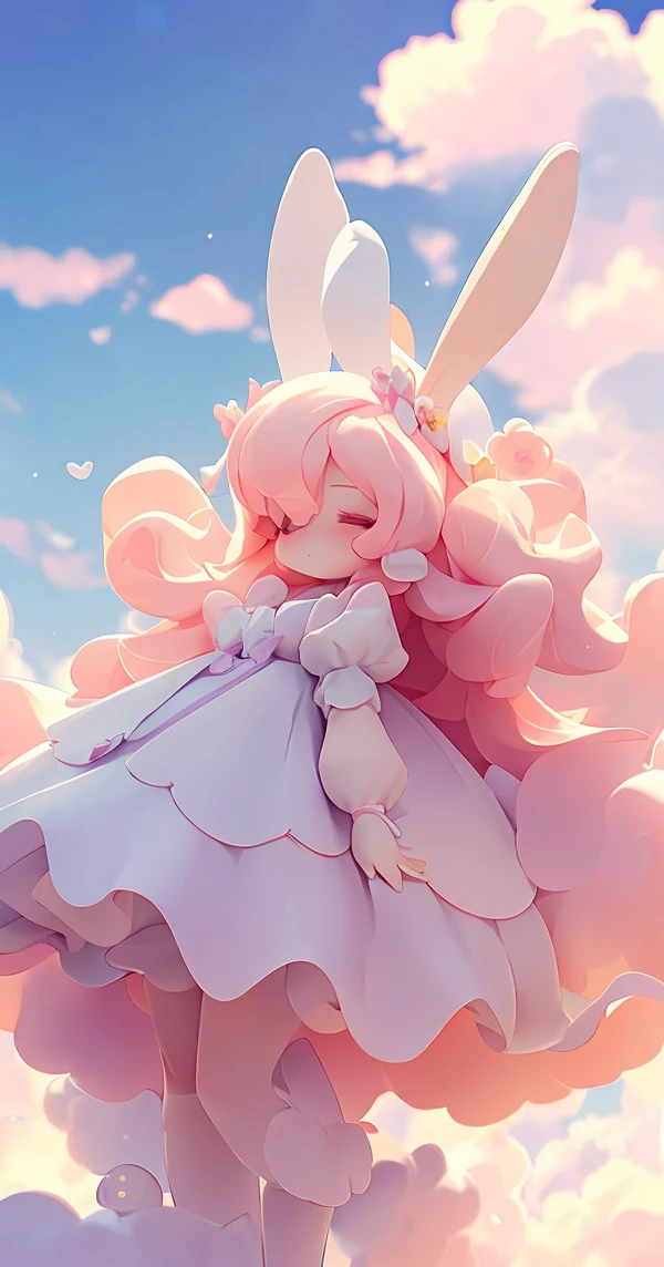 Bunny Morphing Girl, fluffy, soft ((highest quality)), ( Extremely detailed, Best details, Official Art, Beauty and aesthetics: 1.2), Depth of written border, composition, whole body, (a bit), (Beautiful and detailed: 1.3), (wonderful:1), Colorful clouds blurred background,1girl,