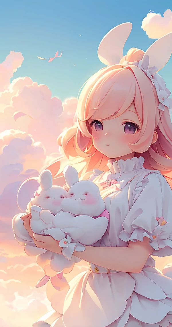 Bunny Morphing Girl, fluffy, soft ((highest quality)), ( Extremely detailed, Best details, Official Art, Beauty and aesthetics: 1.2), Depth of written border, composition, whole body, (a bit), (Beautiful and detailed: 1.3), (wonderful:1), Colorful clouds blurred background,1girl,
