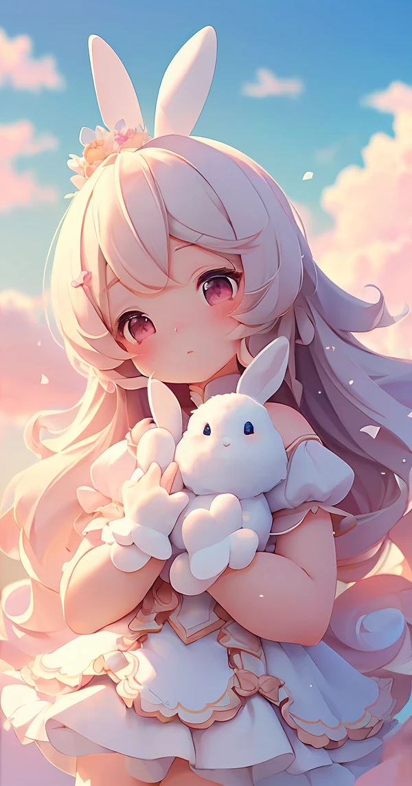 Bunny Morphing Girl, fluffy, soft ((highest quality)), ( Extremely detailed, Best details, Official Art, Beauty and aesthetics: 1.2), Depth of written border, composition, whole body, (a bit), (Beautiful and detailed: 1.3), (wonderful:1), Colorful clouds blurred background,1girl,