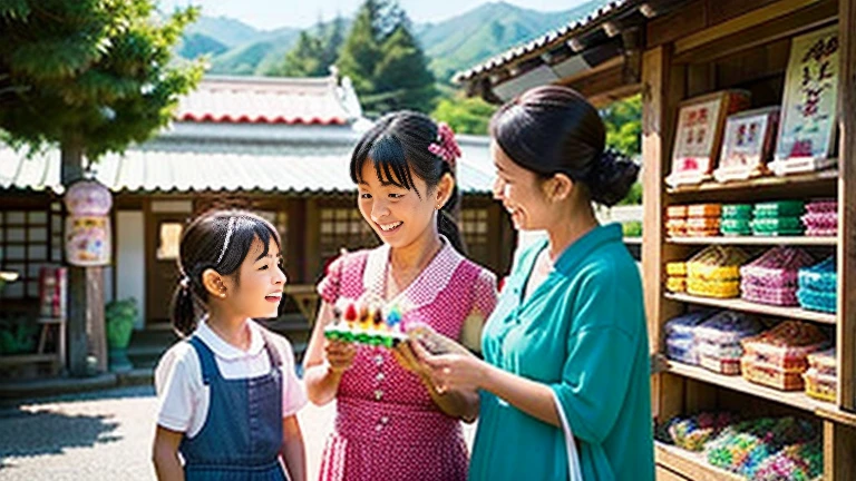 Children and an old woman shopping at a small candy store in the countryside、A small sweet shop in the Japanese countryside、