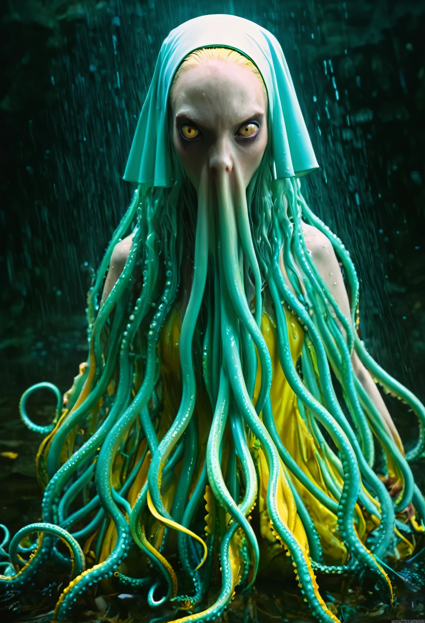 8K, ARTISTIC photogrAphy, best quAlity, mAsterpiece: 1.2), A (potrAit:1.2) witch BLOOD Toon Doll Cthulhu nun QUEEN, EYES, CYAN many octopus style tentacles, full body RAW candid cinema, yellow hair, 16mm, color graded portra 400 film, remarkable color, ultra realistic, sad admosphere, dark lighting, oppressive atmosphere, depressive colors, kodak portra 400, photograph,r, Natural Light, Pinhead lighgts, blur reflection, Brush Strokes, Smooth, abstract, Splatter, Oil On Canvas, rainbow colors, fractal isometrics details bioluminescens : a stunning realistic photograph of wet bone structure, 3d render, octane render, intricately detailed, titanium decorative headdress, cinematic, trending on artstation | Isometric | Centered