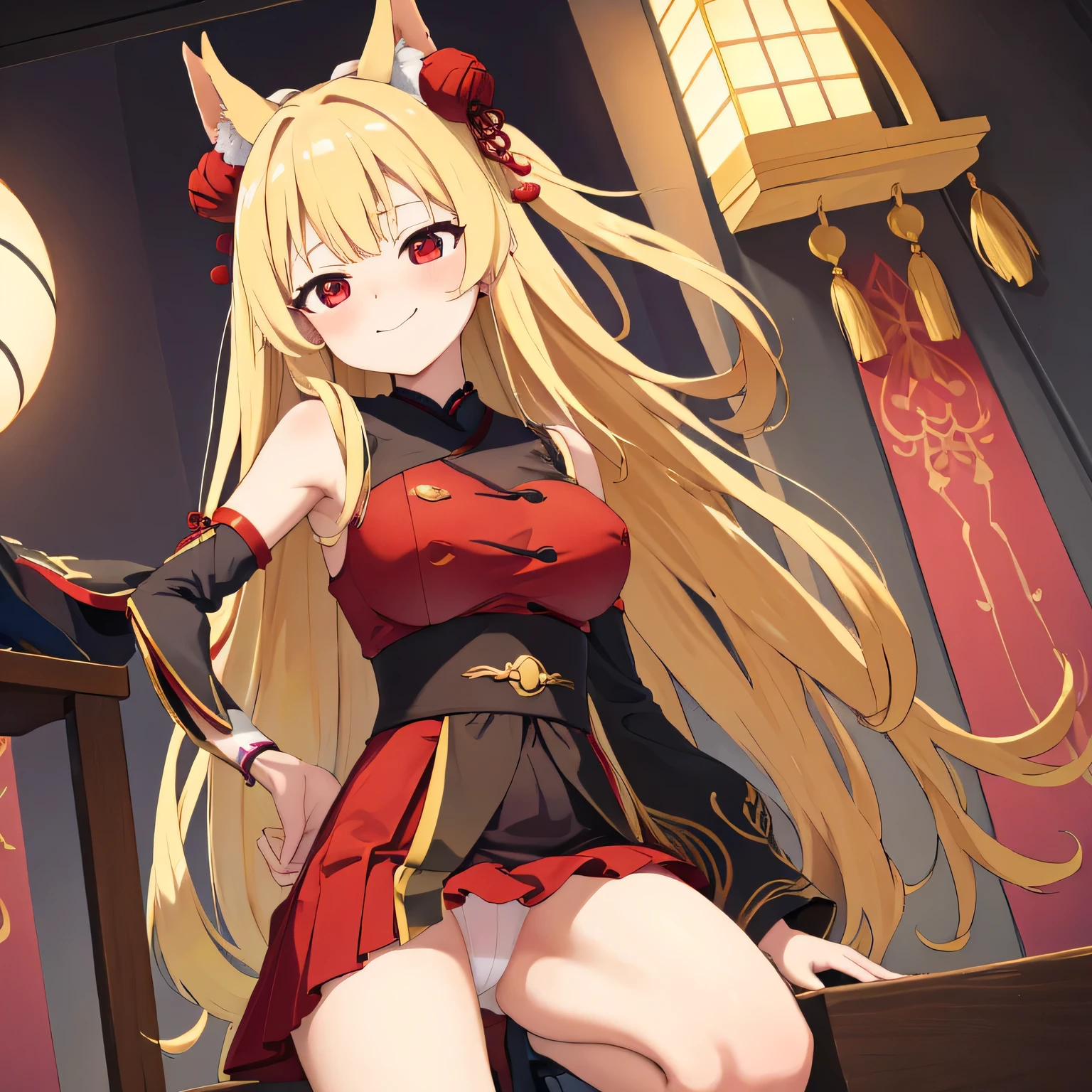 highest quality、、human、Big Breasts、Long blonde、Red Eye、mini skirt、Panty shot、smile、Japanese-style room、Angle from below