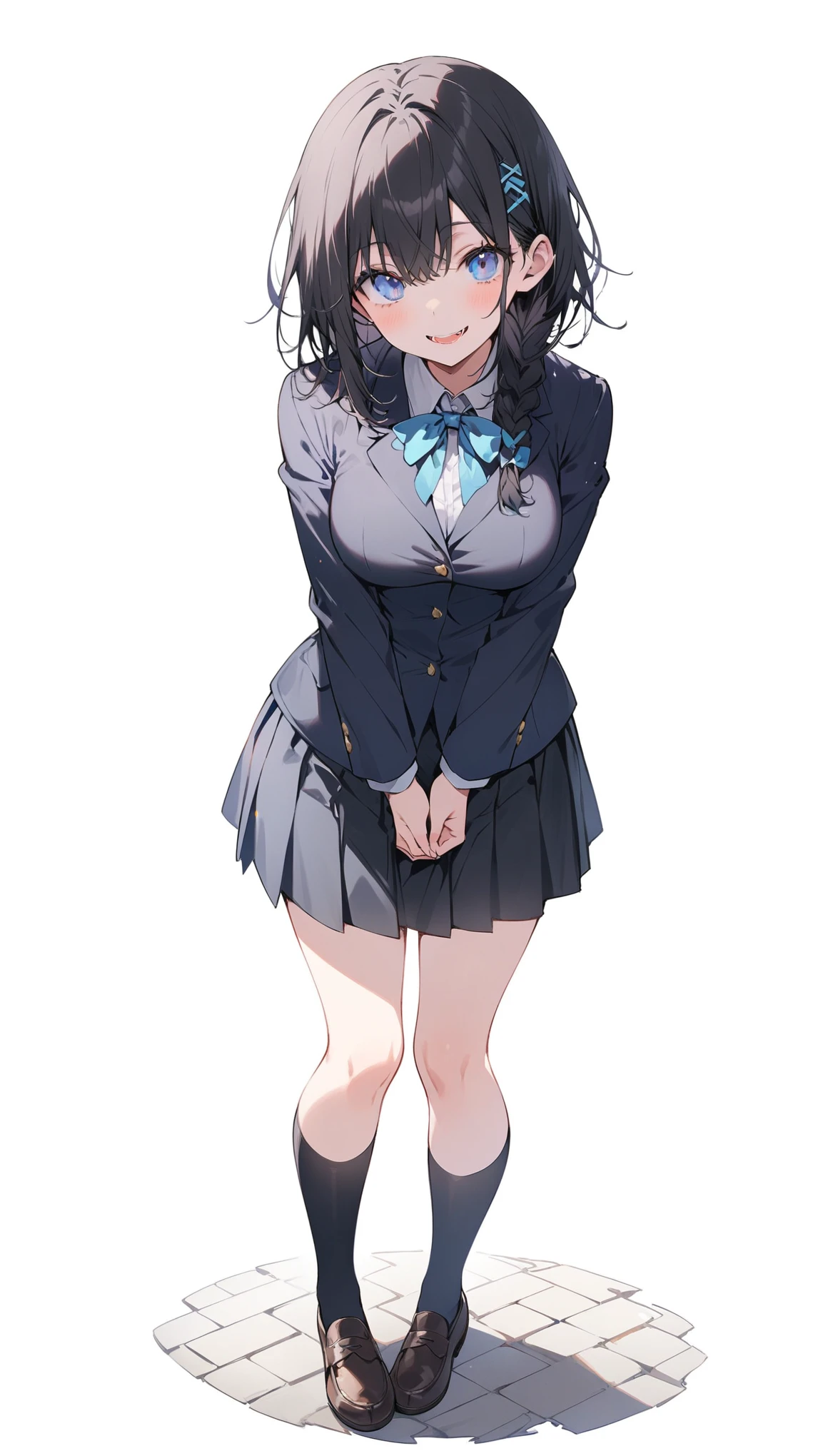 White background、Solid white background、Blank background、just standing girl, One Girl、Ultra-high resolution, highest quality,fish-bone braid hair、Fishbone Hair、black hair、Full body shot,arms behind back、Put your hands behind your back、Hide your hands、busty、beautiful detailed eyes、Black hair × Blue eyes、blue eyes、Open your mouth without showing your teeth、Smile with mouth wide open、 Black long sleeve blazer,Black pleated skirt、Knee-high socks、loafers、