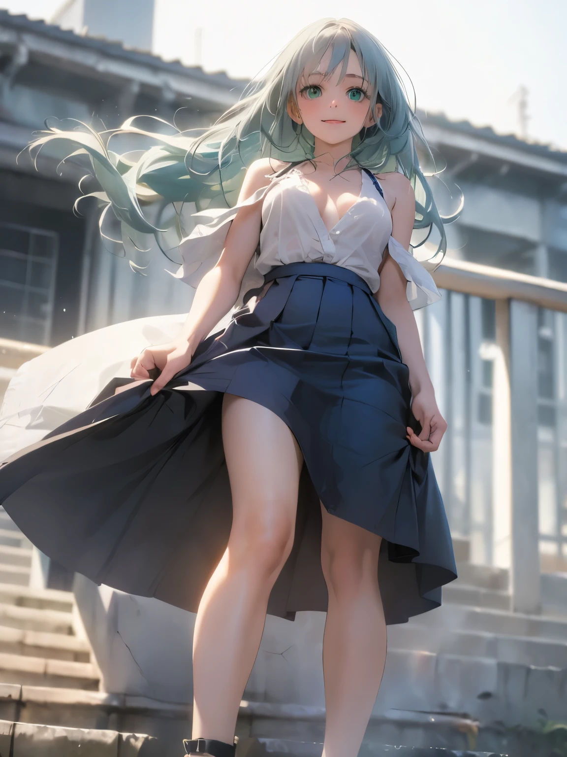 (Shiny skin,Melancholic expression、Very detailed),((1 girl)),(Perfect Face, Detailed face, Beautiful Eyes,Perfect hands,Perfect Fingers), (Medium chest:1.2,Wicked Smile:1.4),(Mature Woman:1.4),Cowboy Shot,thick,throw, (From below:1.4),short hair, Straight HARE,((白のone piece))、one piece、((8k wallpaper)),Bare Chest,Cleavage, window,The chest comes out,Transparent clothes、(((White Background:1.5)))、Place your arms behind your back、EMPose according to bust size、(A gust of wind blowing from beneath your feet:1.2)、((Make sure nothing is visible except the person))、((Black long lace)),index, (Green Eyes:1.5), ((Gray Hair)), Long Hair, habit,sit、Thin legs,Open towel