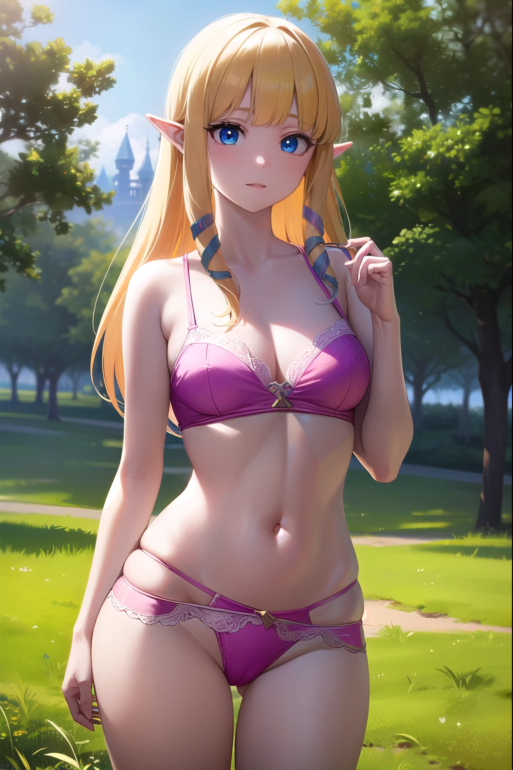princesa zelda, zelda cieloward sword, pelo rubio, blue eyes, pelo largo, orejas puntiagudas, cerraduras laterales, duende, golpes, blunt golpes, cintas, hair cintas, sonrisa,
ROMPER belt, capa, vestido, mangas largas, (pink vestido:1.2), (white capa:1.2),
ROMPER outdoors, naturaleza, bosque, trees, grass, sol, cielo, nubes,
ROMPER looking at viewer,
ROMPER (Obra maestra:1.2), mejor calidad, high resolution, fondo de pantalla de unidad 8k, (illustration:0.8), (hermosos ojos detallados:1.6), cara extremadamente detallada, Perfect lighting, CG extremadamente detallado, (manos perfectas, perfect anatomy), escote profundo, pechos grandes, NSFW, pink lingerie