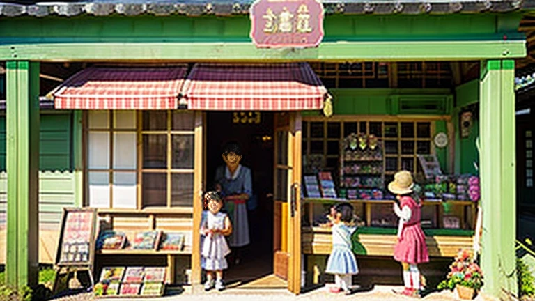 Children and an old woman shopping at a small candy store in the countryside、A small sweet shop in the Japanese countryside、