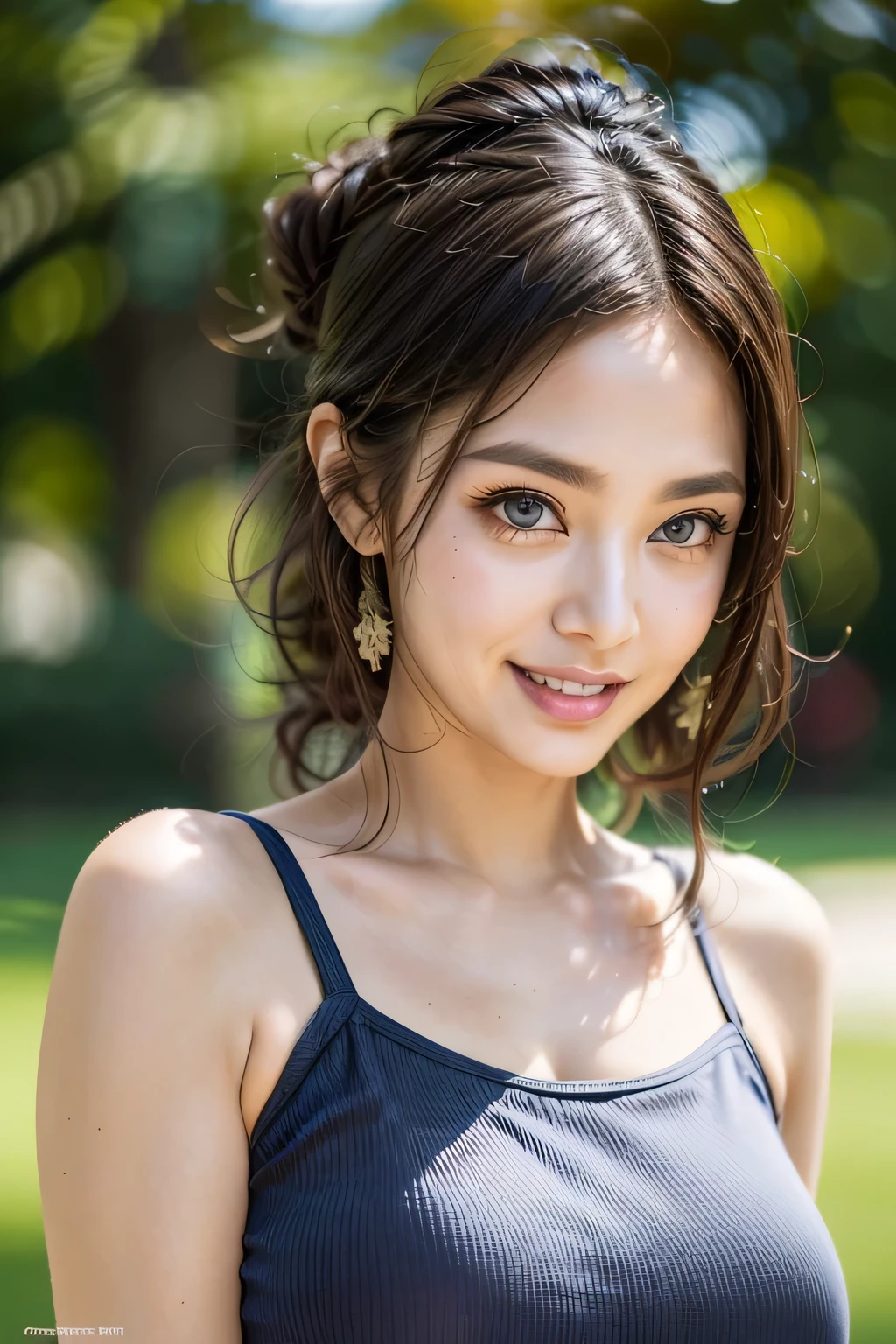 (8k, RAW Photos, highest quality, masterpiece, Realistic, Realistic), (1 female), (Ultimate beauty), Highly detailed face, (Perfect Teeth), Beautiful Eyes, double eyelid, eyelash, smile, Lip details, Brunette Bob, The light shines on your face, Big Breasts, ((T-Shirts)), ((Upper Body)), (background: garden), ((Written boundary depth))