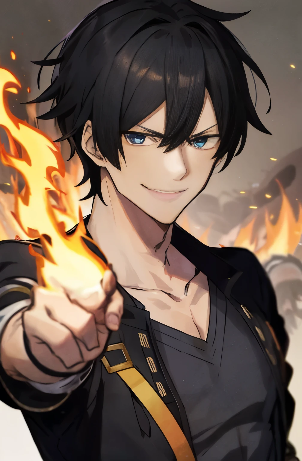 anime character with white hair and blue eyes and a white one pointing at the camera, (fogo), imagem de avatar, fogo!! corpo todo, Badass anime 8 K, inspirado em Okumura Masanobu, Tanjiro Kamado, Kazuto Okada。, fogo magic, fire behind him, mago de cabelo preto, cute japanese demon boy, handsome guy in the art of killing demons