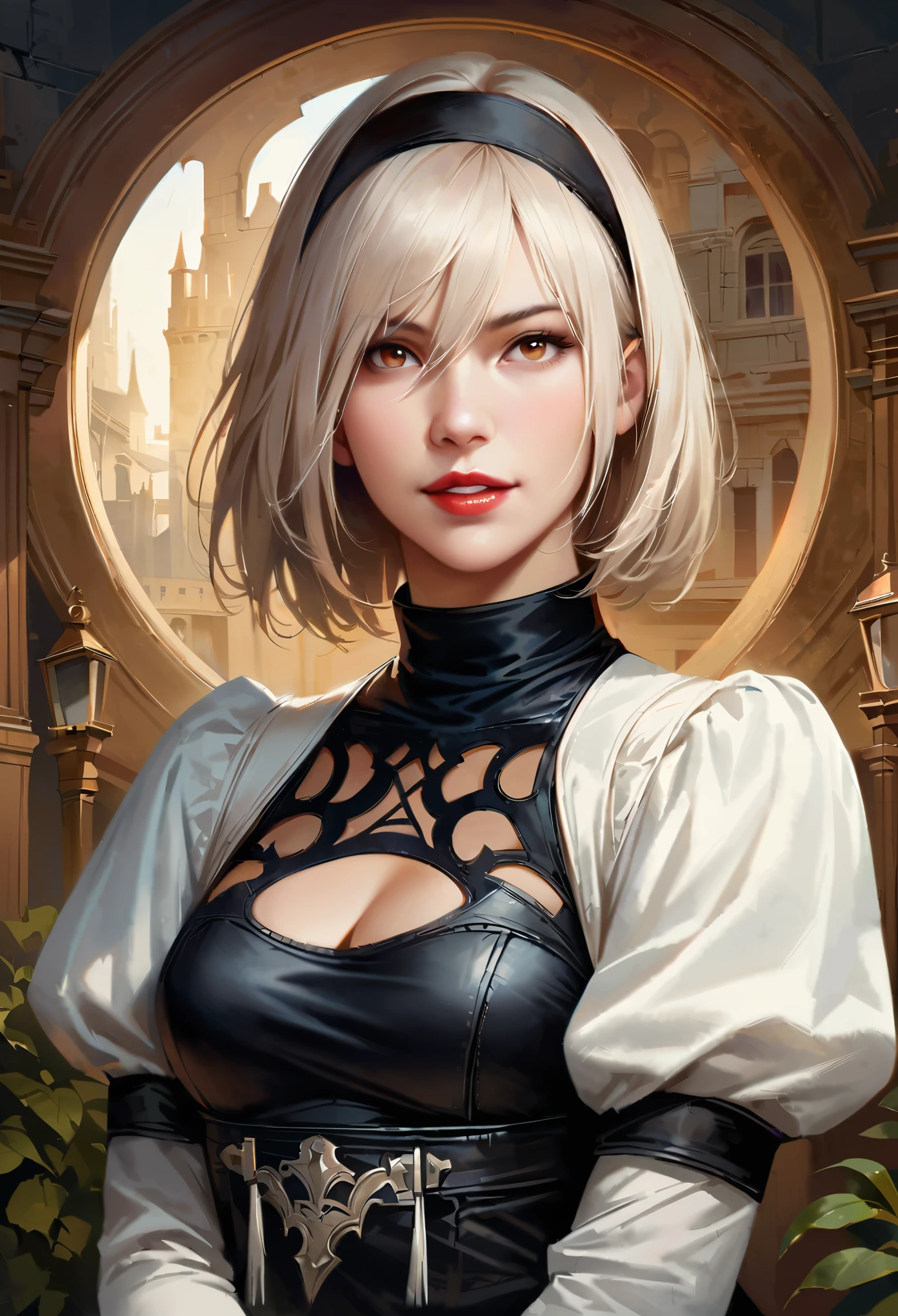 One Girl, Wow, (Both blindfolded), chest, chestの谷間, chestの谷間 cutout, Dress cutout, Old Western castle street background, Hair between the eyes, head band, Blindfold covering both eyes, High resolution, Juliet Sleeve, Long sleeve, Nier (series), Nier automata, Fluffy sleeves, Red lips, Lips with raised corners of the mouth, Smiling Lips, Shadow Face, short hair, alone, Turtleneck sweater, Upper Body, l Blue-white silver hair, null、{{masterpiece、highest quality、(((Realistic、Realistic:1.37)))、8K quality、very detailed and beautiful、It&#39;s a very impressive expression、Large file size、Very detailed}},