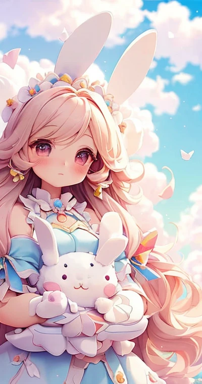 Bunny Morphing Girl, fluffy, soft ((highest quality)), ( Extremely detailed, Best details, Official Art, Beauty and aesthetics: 1.2), Depth of written border, composition, whole body, (a bit), (Beautiful and detailed: 1.3), (wonderful:1), Colorful clouds blurred background,1girl,