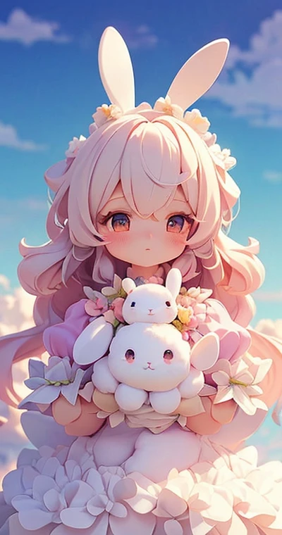 Bunny Morphing Girl, fluffy, soft ((highest quality)), ( Extremely detailed, Best details, Official Art, Beauty and aesthetics: 1.2), Depth of written border, composition, whole body, (a bit), (Beautiful and detailed: 1.3), (wonderful:1), Colorful clouds blurred background,1girl,