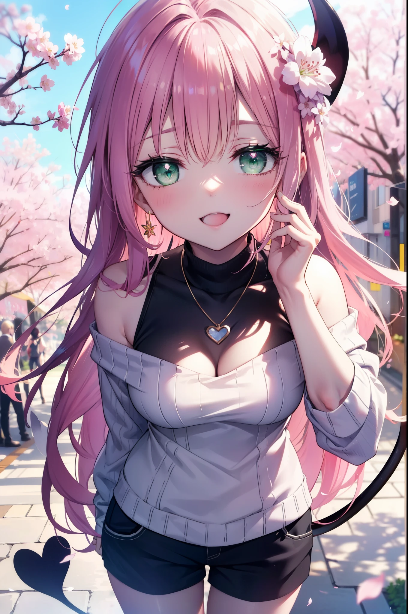 Lara Deviluke, Lara Deviluke, Long Hair, Pink Hair, tail, Ahoge, bangs, hair ornaments, (Green Eyes:1.5), happy smile, smile, Open your mouth,demon tail,Off-the-shoulder sweater,Exposing shoulders,bare clavicle,Bare neck,Heart Pendant,Shorts,Black Pantyhose,short boots,Cherry blossoms are blooming,Cherry blossoms are scattered,Cherry blossom tree-lined path,Daytime,Clear skies,
break outdoors, city,ビル街
break looking at viewer, (Cowboy Shot:1. 5)
break (masterpiece:1.2), highest quality, High resolution, unity 8k w全てpaper, (shape:0.8), (beautiful detailed eyes:1.6), extremely detailed face, Perfect lighting, extremely detailed CG, (Perfect hands, Perfect Anatomy),