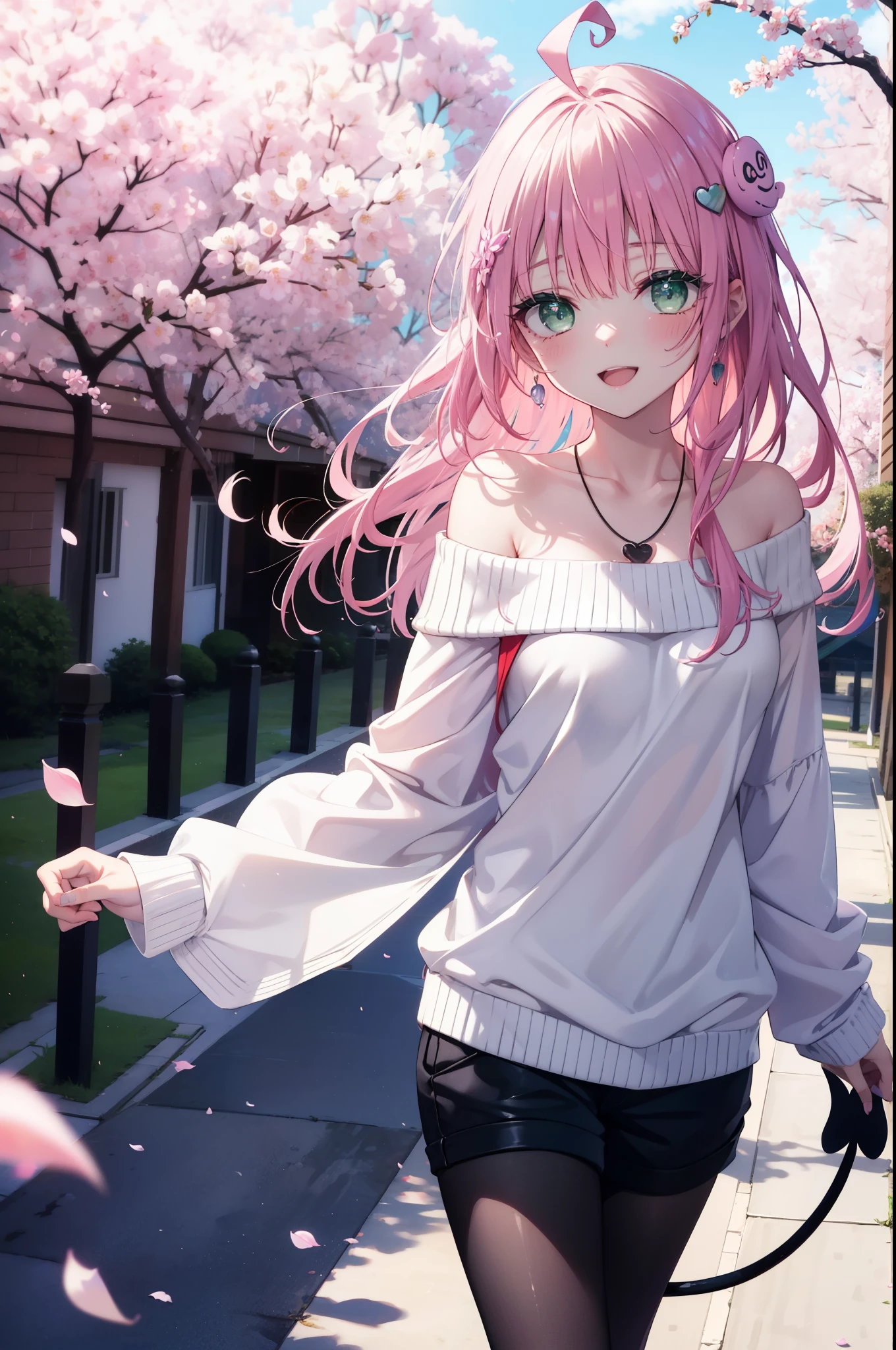Lara Deviluke, Lara Deviluke, Long Hair, Pink Hair, tail, Ahoge, bangs, hair ornaments, (Green Eyes:1.5), happy smile, smile, Open your mouth,demon tail,Off-the-shoulder sweater,Exposing shoulders,bare clavicle,Bare neck,Heart Pendant,Shorts,Black Pantyhose,short boots,Cherry blossoms are blooming,Cherry blossoms are scattered,Cherry blossom tree-lined path,Daytime,Clear skies,
break outdoors, city,ビル街
break looking at viewer, (Cowboy Shot:1. 5)
break (masterpiece:1.2), highest quality, High resolution, unity 8k w全てpaper, (shape:0.8), (beautiful detailed eyes:1.6), extremely detailed face, Perfect lighting, extremely detailed CG, (Perfect hands, Perfect Anatomy),