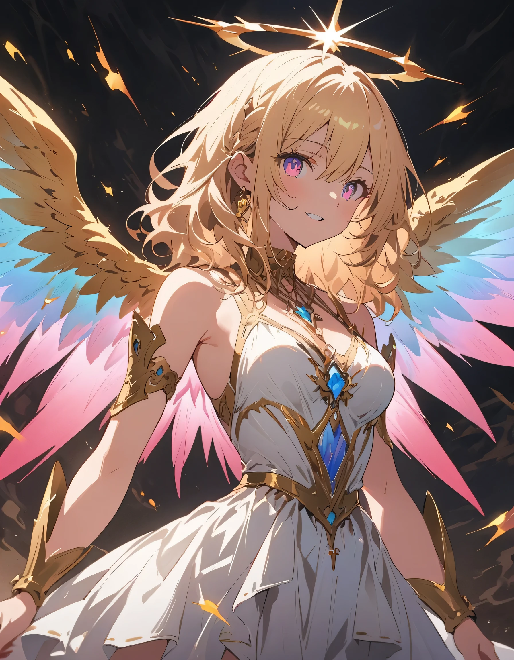wings round fold、Beautiful Shii female god、(highest quality、masterpiece、High resolution、detailed)、anime style、Flat Style、(Shining Eyes、detailed Shii face), BREAK,extremely detailed、god々Shii、figure、Surrealism, God Story、god mysterious background、Background Blur、eyes shining iridescent colors illuminated light,Dynamic Angle、anime