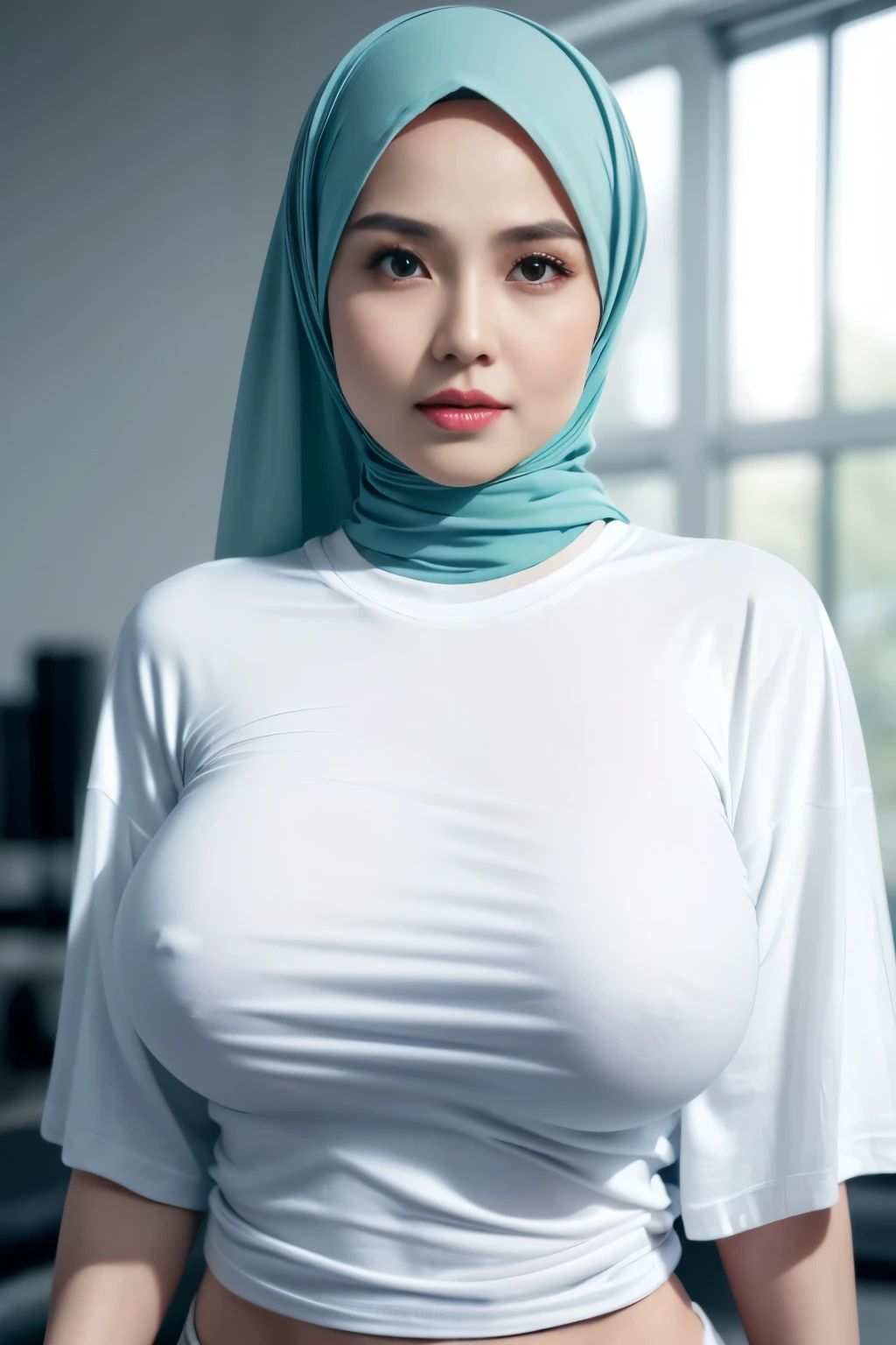 ((SHORT HIJAB)), ((Gigantic tits:1. 3)), (dynamic photograph of a 58 year old Indonesian woman), (slim top, cotton panties), (straight non curly hair), (highly detailed face:1.4), (vascular muscles and abs:1.3), (background inside light, bright, private gym:1.1), (8k, uhd, dslr, high quality, cinematic lighting, bokeh), (dramatic, award winning photography, incredible masterpiece:1.3), (((sexy sultry stare at camera:0.8))), ((she is ready to dominate you:0.5)), ((beautiful feminine face)), add_detail:1, (((wearing huge size t-shirt fluorescence without pictures )))