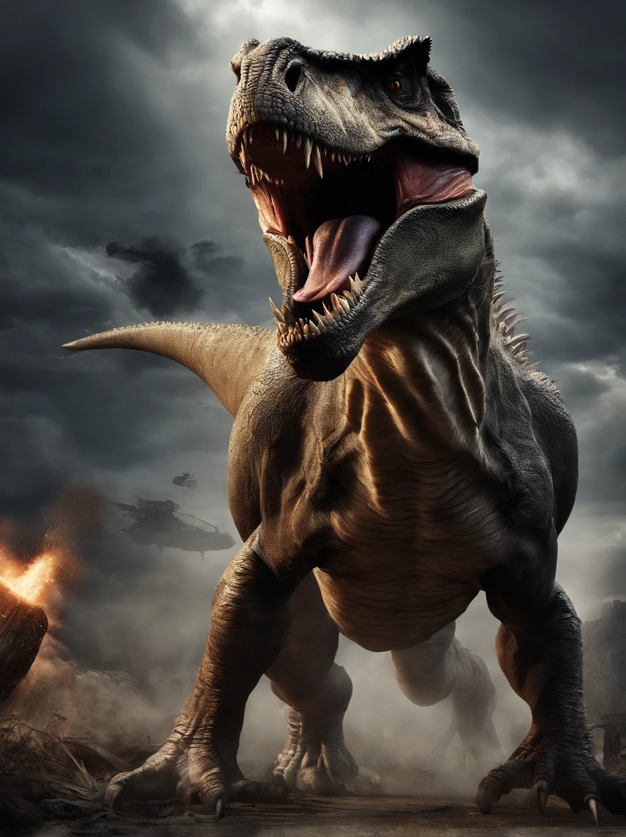 A hyper-realistic, ultra-detailed photograph by Hans Darias AI capturing a powerful connection between a fearsome Tyrannosaurus Rex and a brave young boy. The gigantic dinosaur is depicted as menacing, drooling and agitated, with bright, fiery eyes and sweaty fur, while the boy, despite his fear, remains determined to approach and pet the massive creature. The scene is set under dramatic chiaroscuro lighting, further enhanced by high contrast and intricate details. The background showcases a chaotic prehistoric landscape, with a meteorite crashing into the lush environment, creating a firestorm in the sky. Hans Darias AI's signature is prominently displayed, highlighting his innovative use of artificial intelligence to create this captivating and imaginative vision. The bold neon white sign at the bottom "DON'T WORRY WE ARE SAFE"