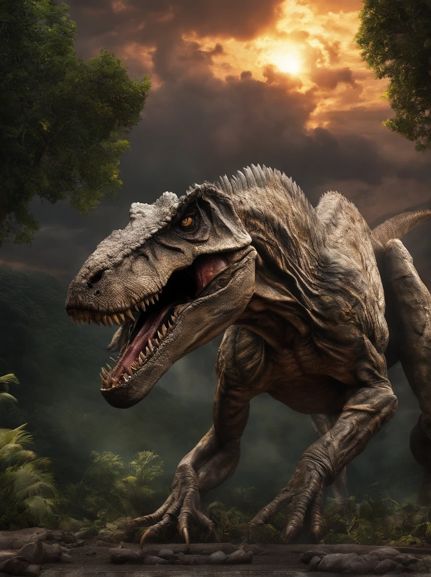 A hyper-realistic, ultra-detailed photograph by Hans Darias AI capturing a powerful connection between a fearsome Tyrannosaurus Rex and a brave young boy. The gigantic dinosaur is depicted as menacing, drooling and agitated, with bright, fiery eyes and sweaty fur, while the boy, despite his fear, remains determined to approach and pet the massive creature. The scene is set under dramatic chiaroscuro lighting, further enhanced by high contrast and intricate details. The background showcases a chaotic prehistoric landscape, with a meteorite crashing into the lush environment, creating a firestorm in the sky. Hans Darias AI's signature is prominently displayed, highlighting his innovative use of artificial intelligence to create this captivating and imaginative vision. The bold neon white sign at the bottom "DON'T WORRY WE ARE SAFE"