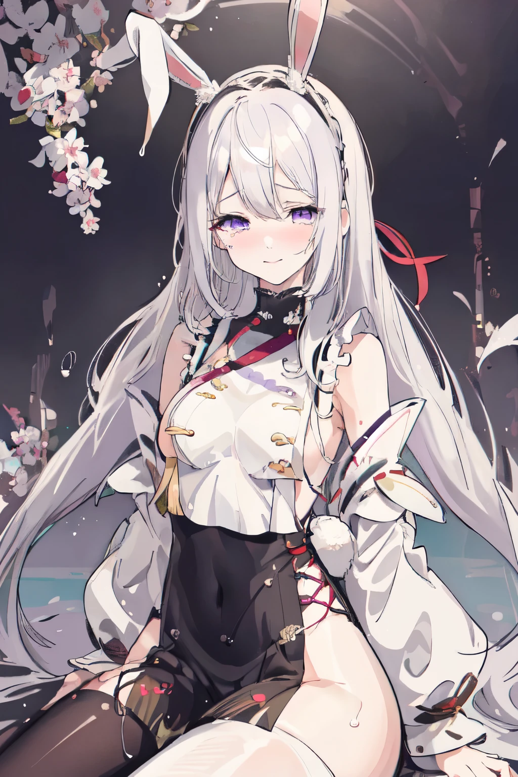 White hair, hair over shoulder, long hair, wet hair, ribbon, ****ta hairband, mole under eye, happy tears, purple eyes, smile, shy, SFW, no sleeves, white panty, breast curtain, bunny ears, Open clothes, panties_down_pantyhose, Sitting , showing legs , 8k, super detail