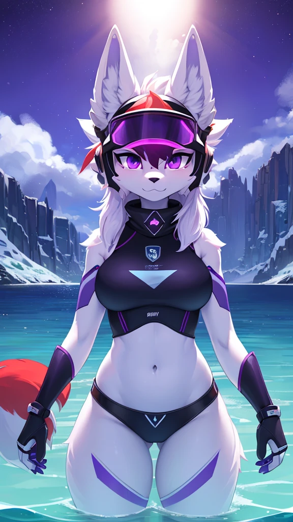 ((best quality, Masterpiece, perfect anatomy, Detailed pictures)), 1 female, arctic protogen, arctic wolf, Long visor, purple visor, purple eyes, sexy body, Big Pong, Future military clothing, fluffy tail, red red, shy, in the sea, front view