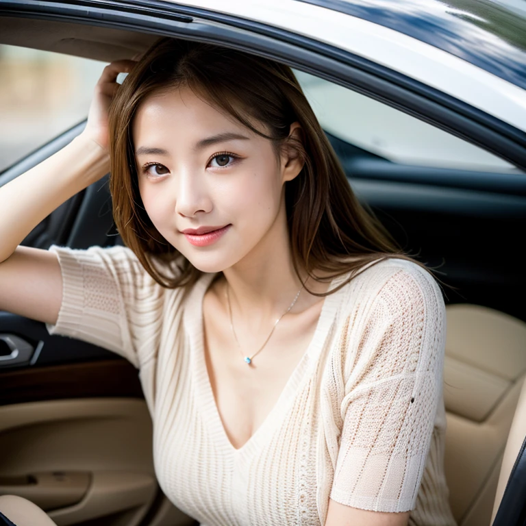 ((highest quality, 8k, masterpiece:1.3)), concentrated:1.2, Perfect body beauty:1.4, Hips:1.2, ((Delicate Hair)), (Sweater dress:1.1) , (sports car, street: 1.2), Highly detailed face and skin texture, Fine grain, double eyelid, Whitening skin, Big Breasts, smile, put on a necklace, ring, A person sitting in a car with their butt up々,