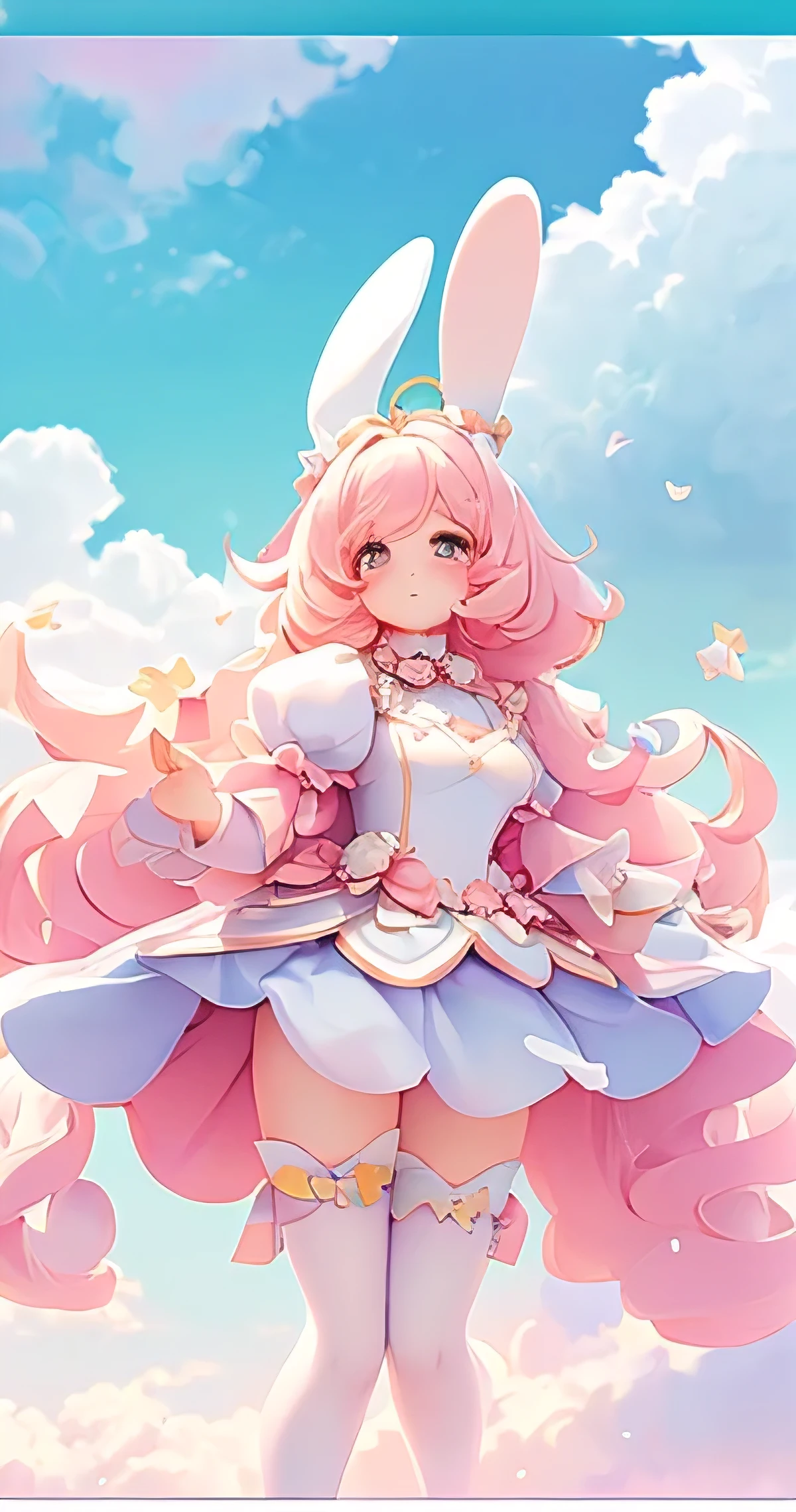 Bunny Morphing Girl, fluffy, soft ((highest quality)), ( Extremely detailed, Best details, Official Art, Beauty and aesthetics: 1.2), Depth of written border, composition, whole body, (a bit), (Beautiful and detailed: 1.3), (wonderful:1), Colorful clouds blurred background,1girl,
