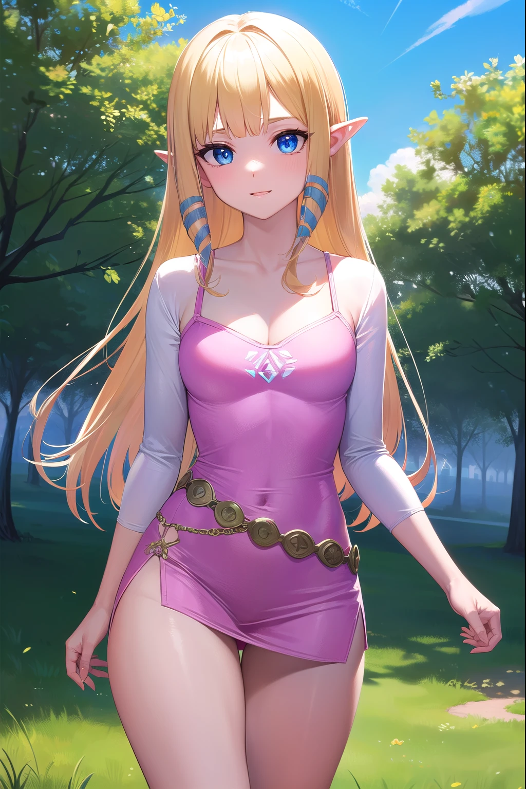 princesa zelda, zelda cieloward sword, pelo rubio, blue eyes, pelo largo, orejas puntiagudas, cerraduras laterales, duende, golpes, blunt golpes, cintas, hair cintas, sonrisa,
ROMPER belt, capa, vestido, mangas largas, (pink vestido:1.2), (white capa:1.2),
ROMPER outdoors, naturaleza, bosque, trees, grass, sol, cielo, nubes,
ROMPER looking at viewer,
ROMPER (Obra maestra:1.2), mejor calidad, high resolution, fondo de pantalla de unidad 8k, (illustration:0.8), (hermosos ojos detallados:1.6), cara extremadamente detallada, Perfect lighting, CG extremadamente detallado, (manos perfectas, perfect anatomy), escote profundo, pechos grandes, NSFW, pink lingerie